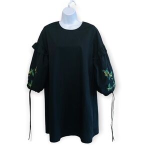 Bleuh Ciel Black Embroidered Balloon Sleeves Shift Dress Size L
